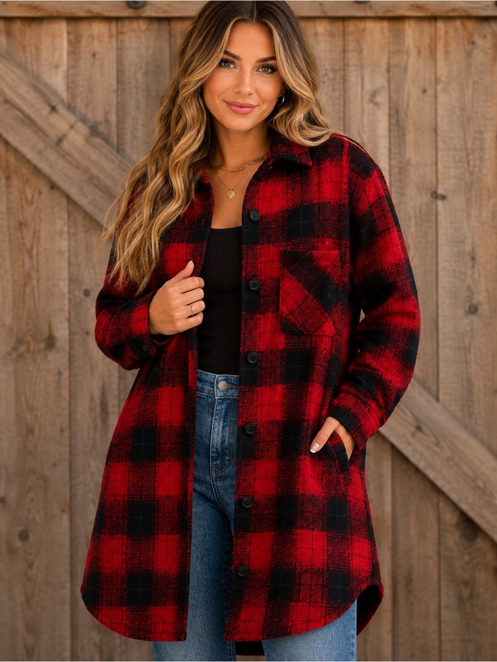 POL Red Black Buffalo Plaid Shacket Medium Oversized Long Lined Jacket Coat
